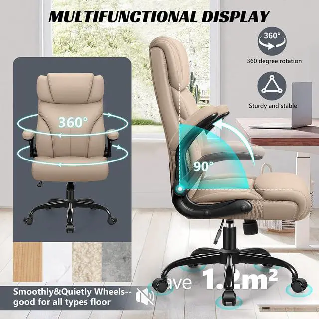 Alt view image 6 of 7 - Office Chair, Ergonomic Big and Tall Computer Desk Chairs, Executive Breathable Leather Chair with Adjustable Flip-up Armrests, Lumbar Support Swivel PC Chair with Rocking Function,Khaki