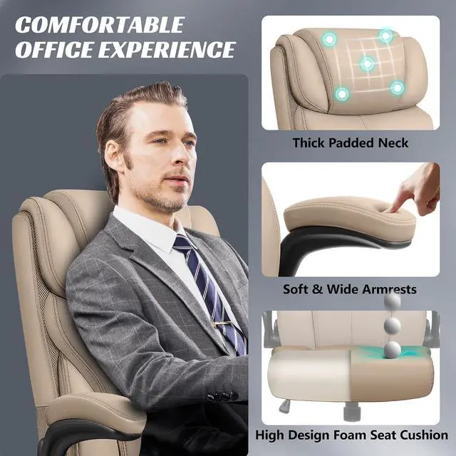 Alt view image 7 of 7 - Office Chair, Ergonomic Big and Tall Computer Desk Chairs, Executive Breathable Leather Chair with Adjustable Flip-up Armrests, Lumbar Support Swivel PC Chair with Rocking Function,Khaki