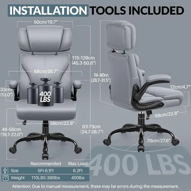 Alt view image 3 of 7 - Office Chair, Ergonomic Big and Tall Computer Desk Chair with Retractable Adjustable Headrest, Executive Breathable Leather Chair, Lumbar Support Swivel Flip-up Armrests Rocking Function,Matte Gray