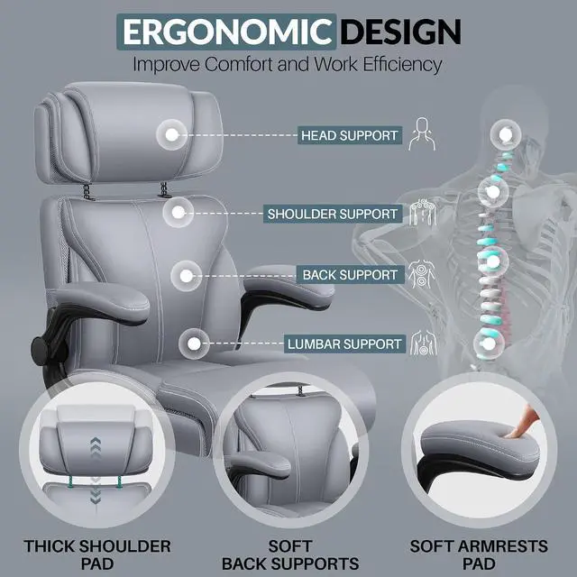 Alt view image 5 of 7 - Office Chair, Ergonomic Big and Tall Computer Desk Chair with Retractable Adjustable Headrest, Executive Breathable Leather Chair, Lumbar Support Swivel Flip-up Armrests Rocking Function,Matte Gray