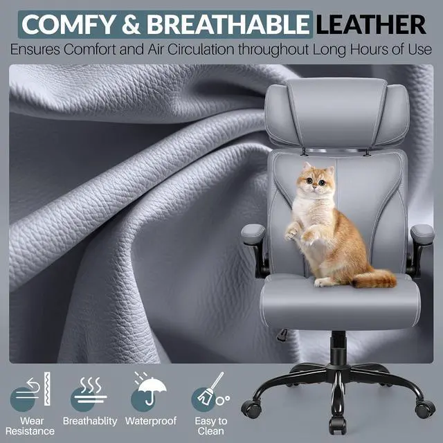 Alt view image 4 of 7 - Office Chair, Ergonomic Big and Tall Computer Desk Chair with Retractable Adjustable Headrest, Executive Breathable Leather Chair, Lumbar Support Swivel Flip-up Armrests Rocking Function,Matte Gray