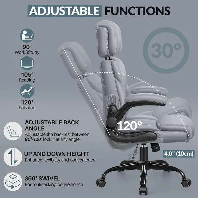 Alt view image 6 of 7 - Office Chair, Ergonomic Big and Tall Computer Desk Chair with Retractable Adjustable Headrest, Executive Breathable Leather Chair, Lumbar Support Swivel Flip-up Armrests Rocking Function,Matte Gray
