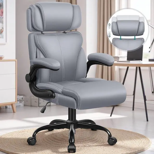 Main image of Office Chair, Ergonomic Big and Tall Computer Desk Chair with Retractable Adjustable Headrest, Executive Breathable Leather Chair, Lumbar Support Swivel Flip-up Armrests Rocking Function,Matte Gray