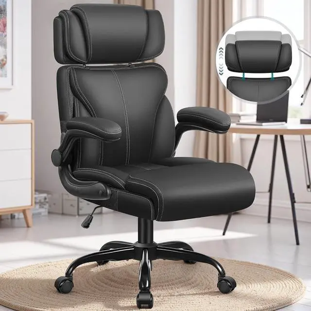 Main image of Office Chair, Ergonomic Big and Tall Computer Desk Chair with Retractable Adjustable Headrest, Executive Breathable Leather Chair, Lumbar Support Swivel Flip-up Armrests Rocking Function,Matte Black