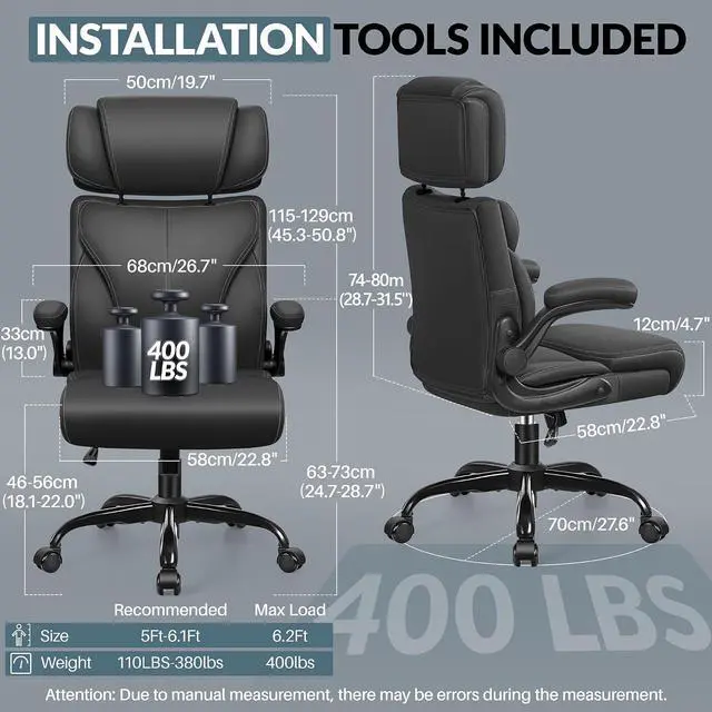 Alt view image 2 of 7 - Office Chair, Ergonomic Big and Tall Computer Desk Chair with Retractable Adjustable Headrest, Executive Breathable Leather Chair, Lumbar Support Swivel Flip-up Armrests Rocking Function,Matte Black