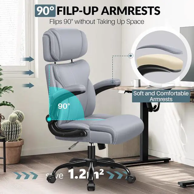 Alt view image 7 of 7 - Office Chair, Ergonomic Big and Tall Computer Desk Chair with Retractable Adjustable Headrest, Executive Breathable Leather Chair, Lumbar Support Swivel Flip-up Armrests Rocking Function,Matte Gray