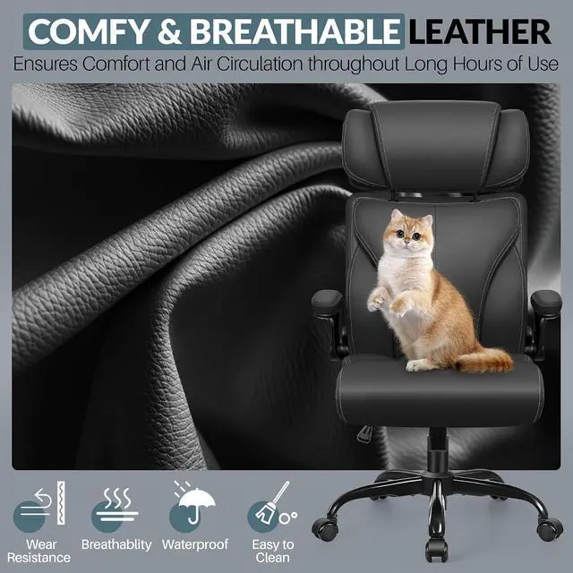Alt view image 3 of 7 - Office Chair, Ergonomic Big and Tall Computer Desk Chair with Retractable Adjustable Headrest, Executive Breathable Leather Chair, Lumbar Support Swivel Flip-up Armrests Rocking Function,Matte Black