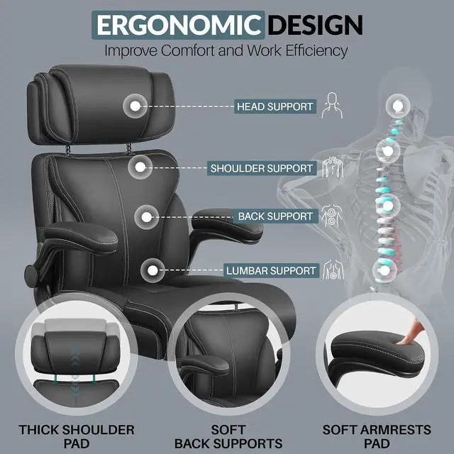 Alt view image 4 of 7 - Office Chair, Ergonomic Big and Tall Computer Desk Chair with Retractable Adjustable Headrest, Executive Breathable Leather Chair, Lumbar Support Swivel Flip-up Armrests Rocking Function,Matte Black