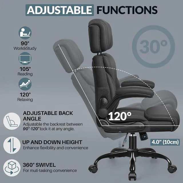 Alt view image 5 of 7 - Office Chair, Ergonomic Big and Tall Computer Desk Chair with Retractable Adjustable Headrest, Executive Breathable Leather Chair, Lumbar Support Swivel Flip-up Armrests Rocking Function,Matte Black