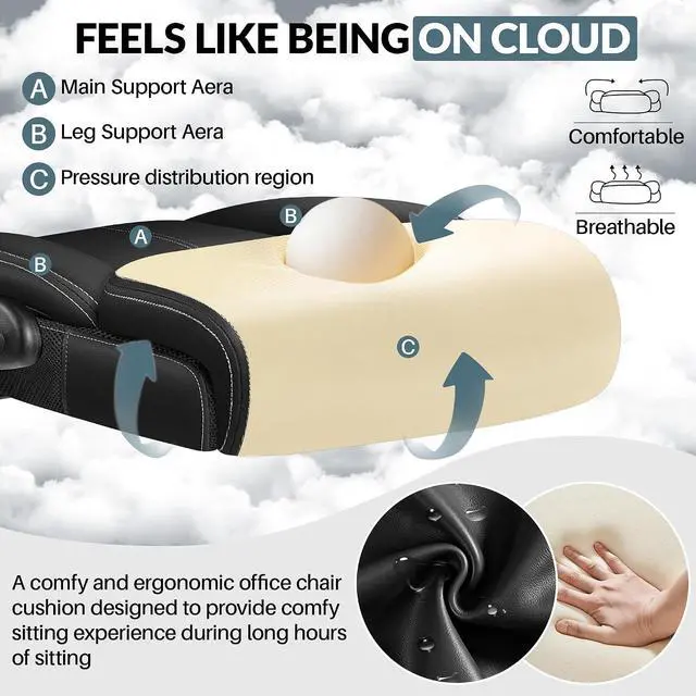Alt view image 7 of 7 - Office Chair, Ergonomic Big and Tall Computer Desk Chair with Retractable Adjustable Headrest, Executive Breathable Leather Chair, Lumbar Support Swivel Flip-up Armrests Rocking Function,Matte Black