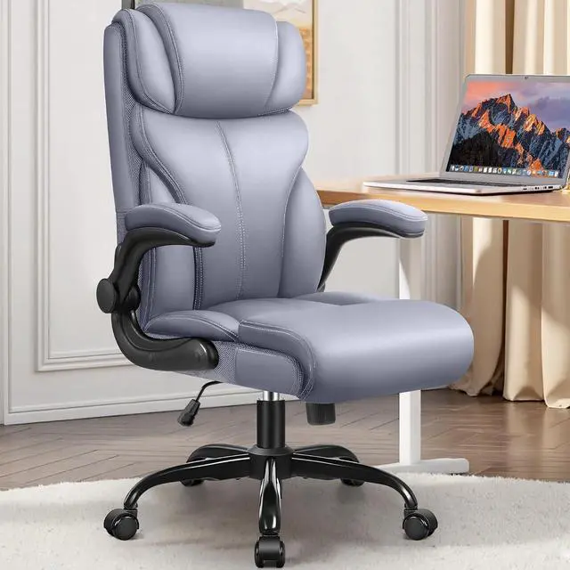 Main image of Office Chair, Ergonomic Big and Tall Computer Desk Chairs, Executive Breathable Leather Chair with Adjustable Flip-up Armrests, Lumbar Support Swivel PC Chair with Rocking Function,Matte Gray