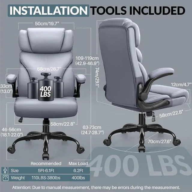 Alt view image 2 of 7 - Office Chair, Ergonomic Big and Tall Computer Desk Chairs, Executive Breathable Leather Chair with Adjustable Flip-up Armrests, Lumbar Support Swivel PC Chair with Rocking Function,Matte Gray