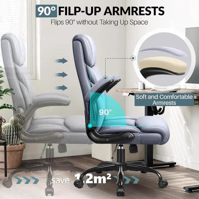 Alt view image 3 of 7 - Office Chair, Ergonomic Big and Tall Computer Desk Chairs, Executive Breathable Leather Chair with Adjustable Flip-up Armrests, Lumbar Support Swivel PC Chair with Rocking Function,Matte Gray