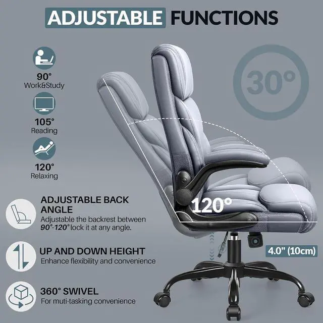 Alt view image 5 of 7 - Office Chair, Ergonomic Big and Tall Computer Desk Chairs, Executive Breathable Leather Chair with Adjustable Flip-up Armrests, Lumbar Support Swivel PC Chair with Rocking Function,Matte Gray