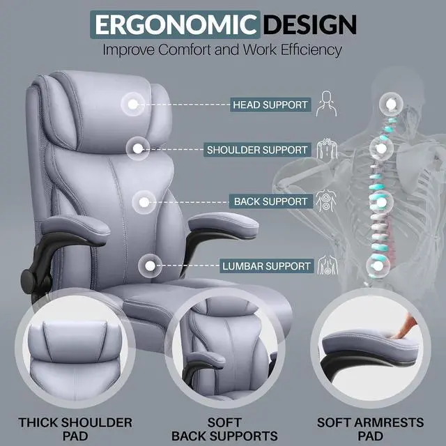 Alt view image 6 of 7 - Office Chair, Ergonomic Big and Tall Computer Desk Chairs, Executive Breathable Leather Chair with Adjustable Flip-up Armrests, Lumbar Support Swivel PC Chair with Rocking Function,Matte Gray