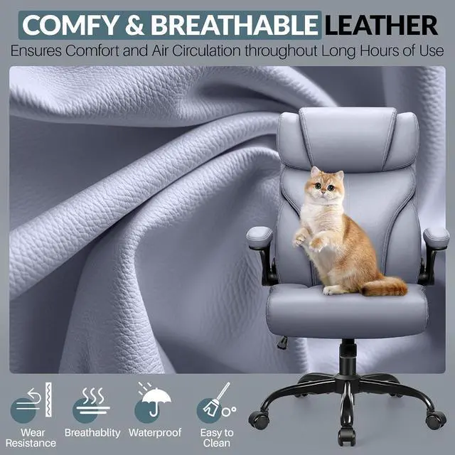 Alt view image 7 of 7 - Office Chair, Ergonomic Big and Tall Computer Desk Chairs, Executive Breathable Leather Chair with Adjustable Flip-up Armrests, Lumbar Support Swivel PC Chair with Rocking Function,Matte Gray
