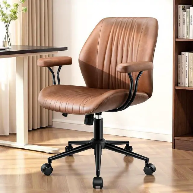 Main image of Leather Office Chair with Removable Armrests, Mid Back Ergonomic Desk Chair with Lumbar Support, Adjustable Height Rocking Swivel Executive Chair for Home Office, Brown