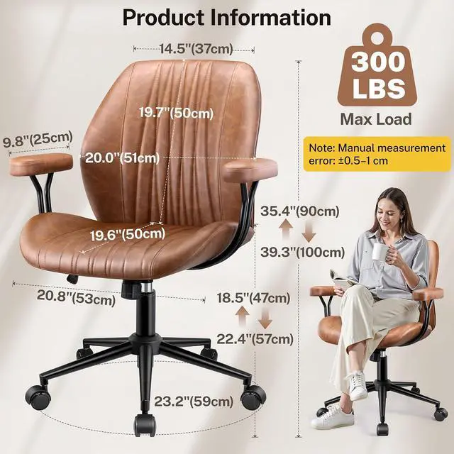 Alt view image 2 of 7 - Leather Office Chair with Removable Armrests, Mid Back Ergonomic Desk Chair with Lumbar Support, Adjustable Height Rocking Swivel Executive Chair for Home Office, Brown