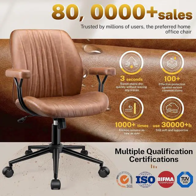 Alt view image 3 of 7 - Leather Office Chair with Removable Armrests, Mid Back Ergonomic Desk Chair with Lumbar Support, Adjustable Height Rocking Swivel Executive Chair for Home Office, Brown