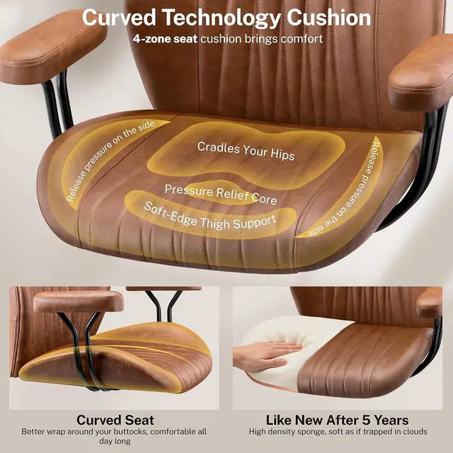 Alt view image 4 of 7 - Leather Office Chair with Removable Armrests, Mid Back Ergonomic Desk Chair with Lumbar Support, Adjustable Height Rocking Swivel Executive Chair for Home Office, Brown