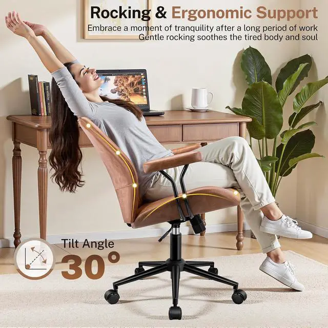 Alt view image 5 of 7 - Leather Office Chair with Removable Armrests, Mid Back Ergonomic Desk Chair with Lumbar Support, Adjustable Height Rocking Swivel Executive Chair for Home Office, Brown