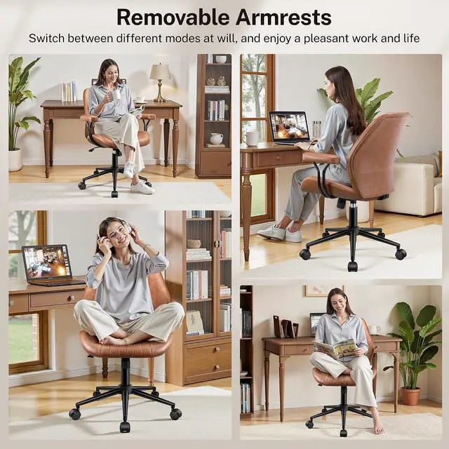 Alt view image 6 of 7 - Leather Office Chair with Removable Armrests, Mid Back Ergonomic Desk Chair with Lumbar Support, Adjustable Height Rocking Swivel Executive Chair for Home Office, Brown
