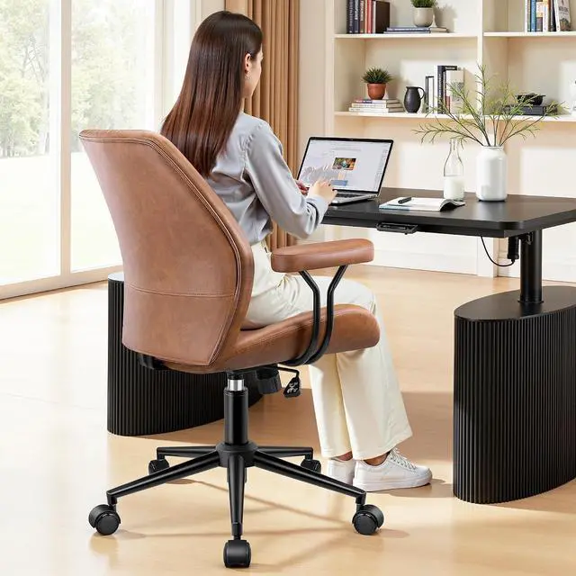 Alt view image 7 of 7 - Leather Office Chair with Removable Armrests, Mid Back Ergonomic Desk Chair with Lumbar Support, Adjustable Height Rocking Swivel Executive Chair for Home Office, Brown
