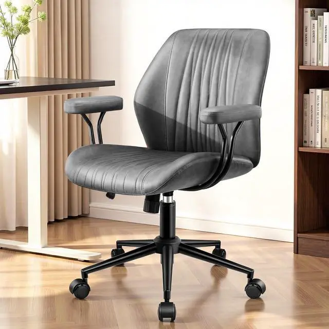 Main image of Leather Office Chair with Removable Armrests, Mid Back Ergonomic Desk Chair with Lumbar Support, Adjustable Height Rocking Swivel Executive Chair for Home Office, Drak Gray