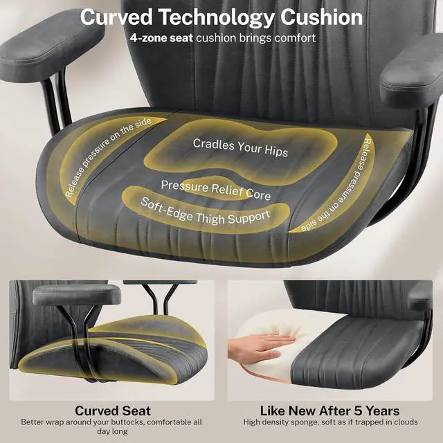 Alt view image 4 of 7 - Leather Office Chair with Removable Armrests, Mid Back Ergonomic Desk Chair with Lumbar Support, Adjustable Height Rocking Swivel Executive Chair for Home Office, Drak Gray