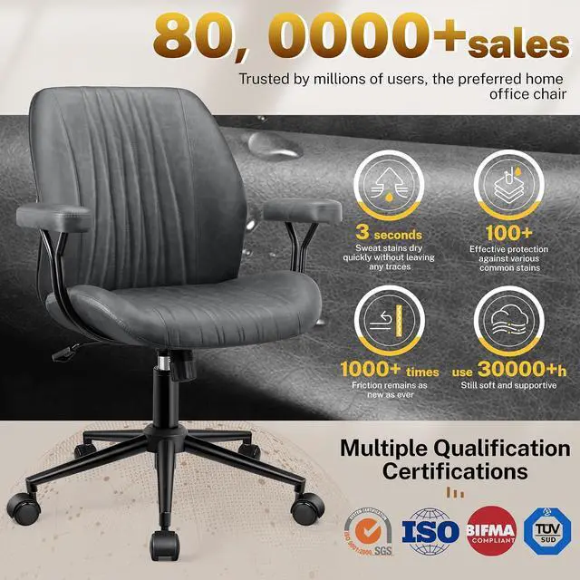 Alt view image 3 of 7 - Leather Office Chair with Removable Armrests, Mid Back Ergonomic Desk Chair with Lumbar Support, Adjustable Height Rocking Swivel Executive Chair for Home Office, Drak Gray
