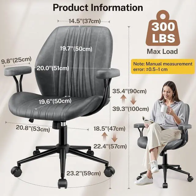 Alt view image 2 of 7 - Leather Office Chair with Removable Armrests, Mid Back Ergonomic Desk Chair with Lumbar Support, Adjustable Height Rocking Swivel Executive Chair for Home Office, Drak Gray