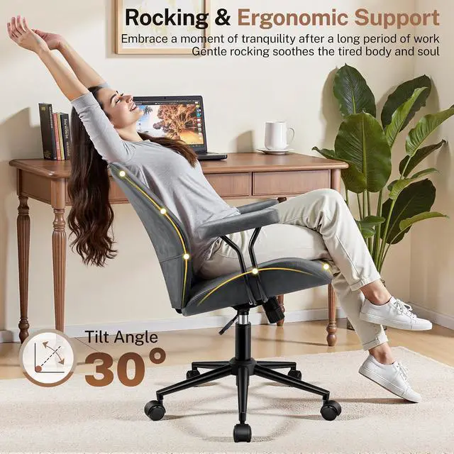 Alt view image 5 of 7 - Leather Office Chair with Removable Armrests, Mid Back Ergonomic Desk Chair with Lumbar Support, Adjustable Height Rocking Swivel Executive Chair for Home Office, Drak Gray