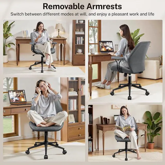 Alt view image 6 of 7 - Leather Office Chair with Removable Armrests, Mid Back Ergonomic Desk Chair with Lumbar Support, Adjustable Height Rocking Swivel Executive Chair for Home Office, Drak Gray
