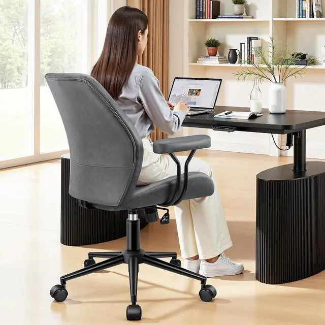 Alt view image 7 of 7 - Leather Office Chair with Removable Armrests, Mid Back Ergonomic Desk Chair with Lumbar Support, Adjustable Height Rocking Swivel Executive Chair for Home Office, Drak Gray