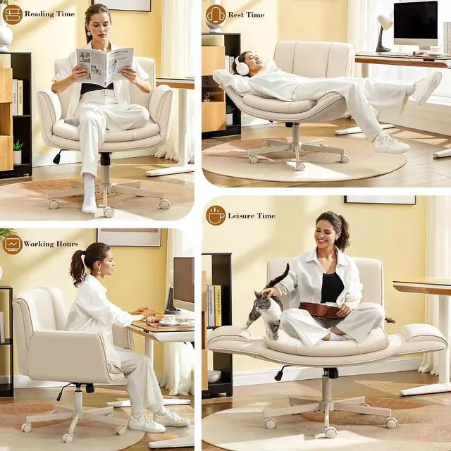 Alt view image 3 of 7 - Criss Cross Chair with Wheels & Armrests,Comfy Wide Vanity Chair,Scratch-Resistant Pu Leather Cross Legged Desk Chair,Height Adjustable Computer Office Desk Chairs for Home,Makeup,Bedroom