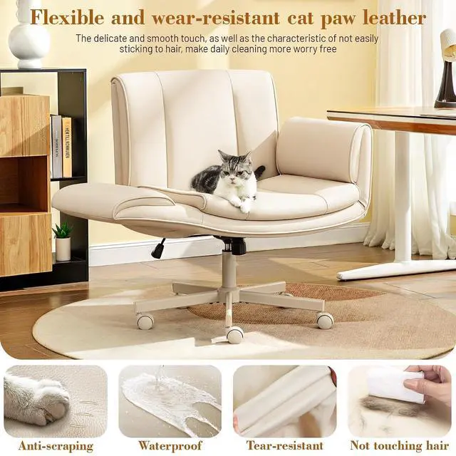 Alt view image 7 of 7 - Criss Cross Chair with Wheels & Armrests,Comfy Wide Vanity Chair,Scratch-Resistant Pu Leather Cross Legged Desk Chair,Height Adjustable Computer Office Desk Chairs for Home,Makeup,Bedroom