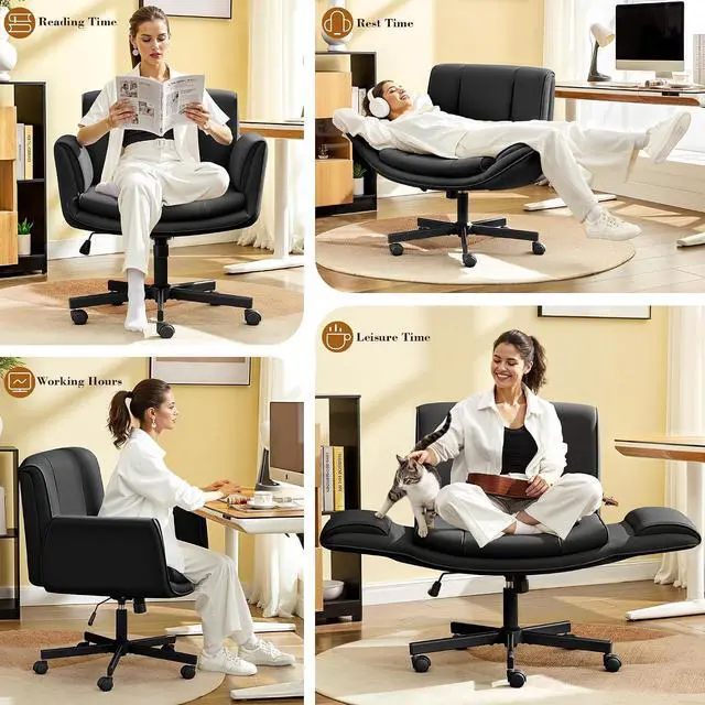 Alt view image 3 of 7 - Criss Cross Chair with Wheels & Armrests,Comfy Wide Vanity Chair,Scratch-Resistant Pu Leather Cross Legged Desk Chair,Height Adjustable Computer Office Desk Chairs for Home,Makeup,Bedroom