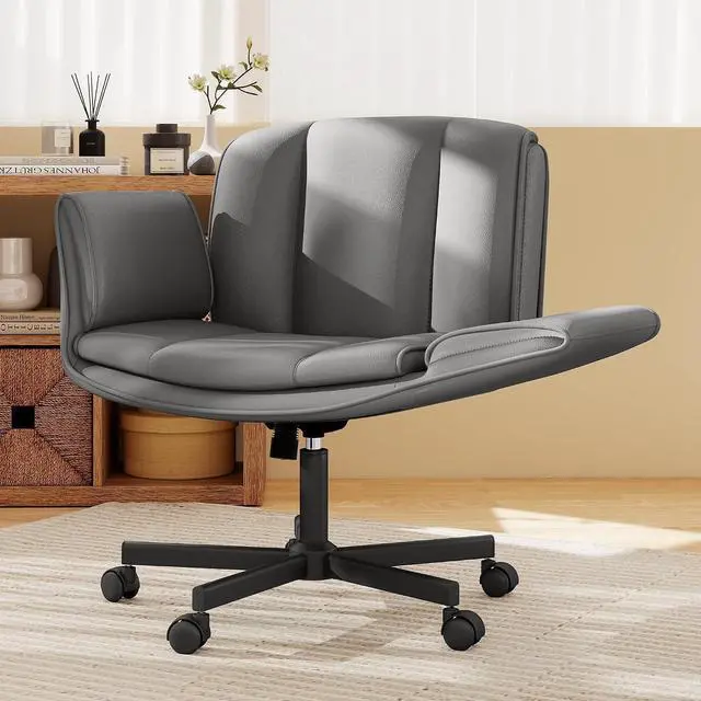 Main image of Criss Cross Chair with Wheels & Armrests,Comfy Wide Vanity Chair,Scratch-Resistant Pu Leather Cross Legged Desk Chair,Height Adjustable Computer Office Desk Chairs for Home,Makeup,Bedroom