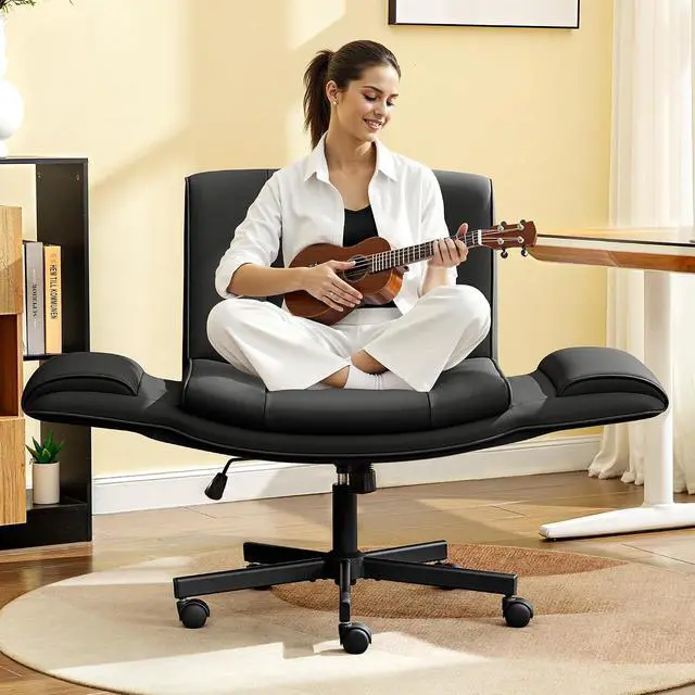 Alt view image 6 of 7 - Criss Cross Chair with Wheels & Armrests,Comfy Wide Vanity Chair,Scratch-Resistant Pu Leather Cross Legged Desk Chair,Height Adjustable Computer Office Desk Chairs for Home,Makeup,Bedroom