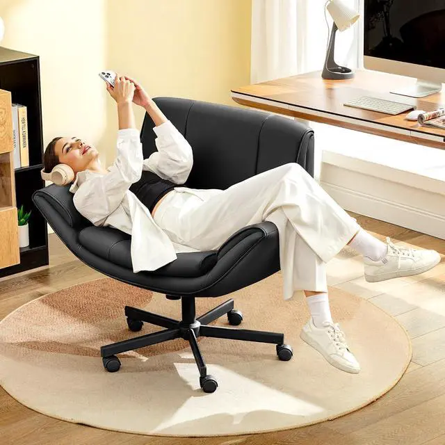 Alt view image 5 of 7 - Criss Cross Chair with Wheels & Armrests,Comfy Wide Vanity Chair,Scratch-Resistant Pu Leather Cross Legged Desk Chair,Height Adjustable Computer Office Desk Chairs for Home,Makeup,Bedroom
