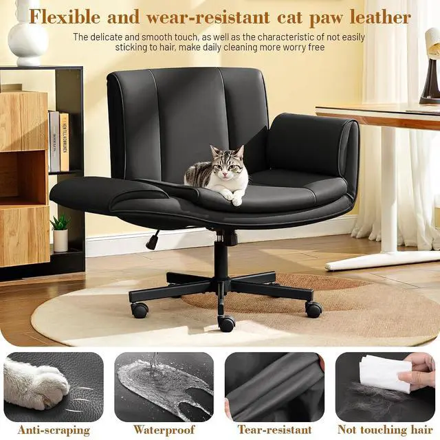 Alt view image 7 of 7 - Criss Cross Chair with Wheels & Armrests,Comfy Wide Vanity Chair,Scratch-Resistant Pu Leather Cross Legged Desk Chair,Height Adjustable Computer Office Desk Chairs for Home,Makeup,Bedroom