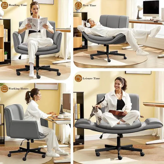 Alt view image 3 of 7 - Criss Cross Chair with Wheels & Armrests,Comfy Wide Vanity Chair,Scratch-Resistant Pu Leather Cross Legged Desk Chair,Height Adjustable Computer Office Desk Chairs for Home,Makeup,Bedroom