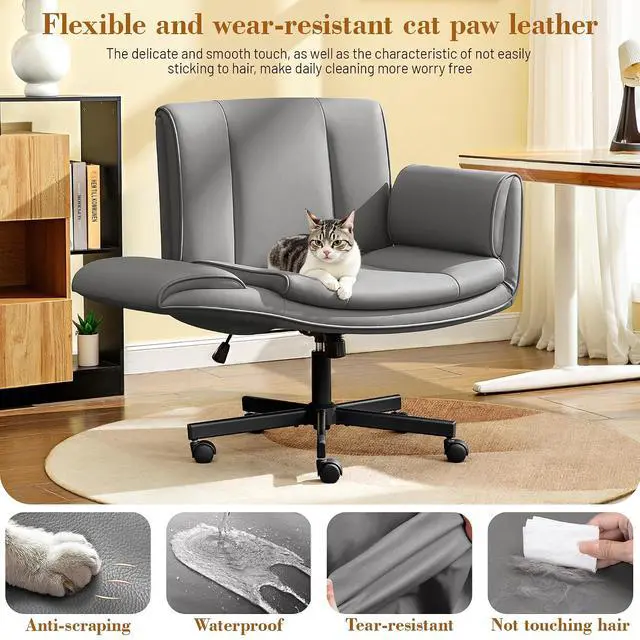 Alt view image 7 of 7 - Criss Cross Chair with Wheels & Armrests,Comfy Wide Vanity Chair,Scratch-Resistant Pu Leather Cross Legged Desk Chair,Height Adjustable Computer Office Desk Chairs for Home,Makeup,Bedroom