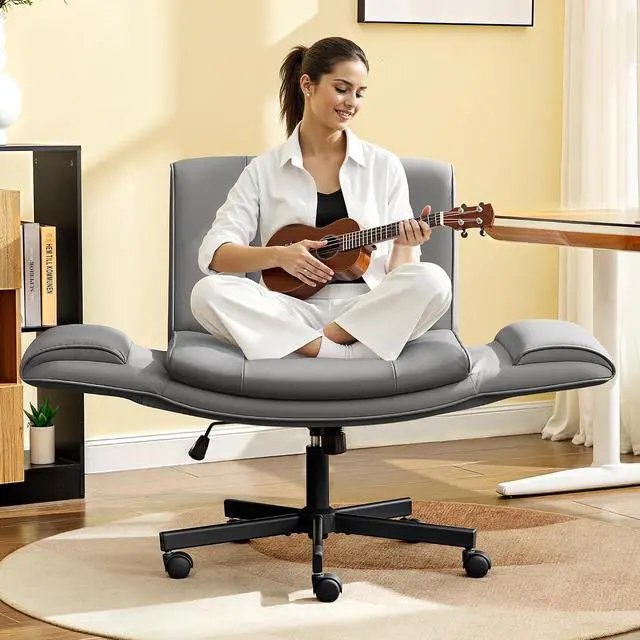 Alt view image 6 of 7 - Criss Cross Chair with Wheels & Armrests,Comfy Wide Vanity Chair,Scratch-Resistant Pu Leather Cross Legged Desk Chair,Height Adjustable Computer Office Desk Chairs for Home,Makeup,Bedroom