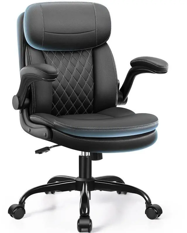 Main image of Leather Office Chair, Upgraded PU Computer Desk Chairs with Double-Layer Seat Cushion and Neckrest, 360°Swivel, Ergonomic Small Gaming Chair with Wheels and Adjustable Armrests for Short People, Black