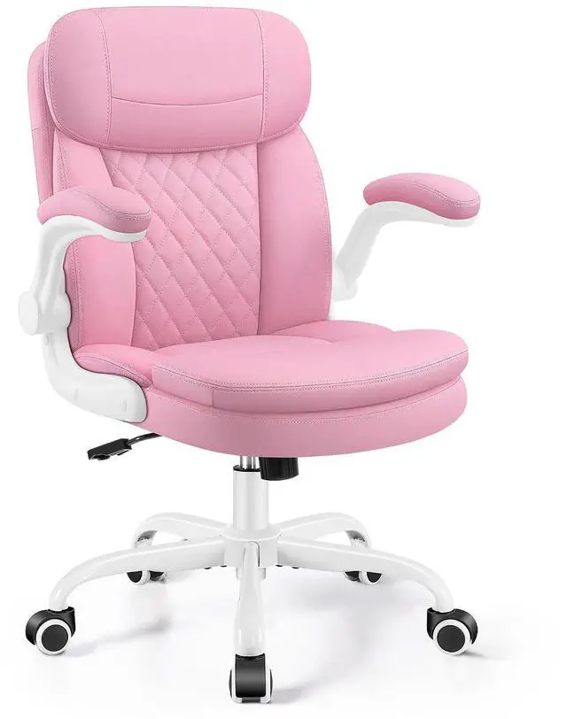 Main image of Leather Office Chair, Upgraded PU Computer Desk Chairs with Double-Layer Seat Cushion and Neckrest, 360°Swivel, Ergonomic Small Gaming Chair with Wheels and Adjustable Armrests for Short People, Pink