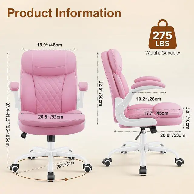 Alt view image 2 of 7 - Leather Office Chair, Upgraded PU Computer Desk Chairs with Double-Layer Seat Cushion and Neckrest, 360°Swivel, Ergonomic Small Gaming Chair with Wheels and Adjustable Armrests for Short People, Pink