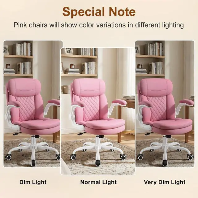 Alt view image 3 of 7 - Leather Office Chair, Upgraded PU Computer Desk Chairs with Double-Layer Seat Cushion and Neckrest, 360°Swivel, Ergonomic Small Gaming Chair with Wheels and Adjustable Armrests for Short People, Pink