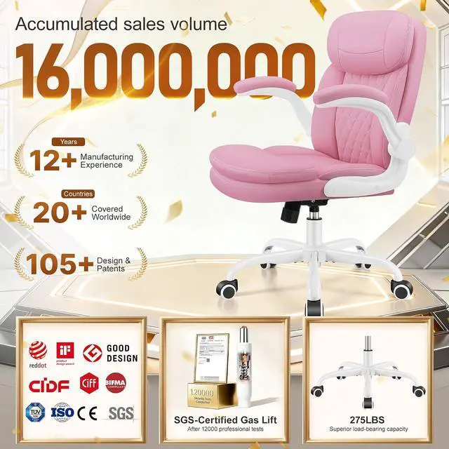 Alt view image 4 of 7 - Leather Office Chair, Upgraded PU Computer Desk Chairs with Double-Layer Seat Cushion and Neckrest, 360°Swivel, Ergonomic Small Gaming Chair with Wheels and Adjustable Armrests for Short People, Pink