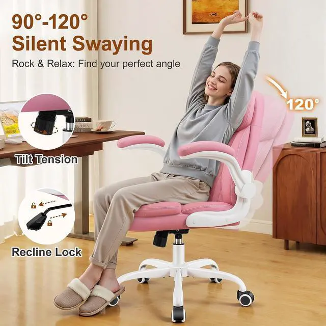 Alt view image 5 of 7 - Leather Office Chair, Upgraded PU Computer Desk Chairs with Double-Layer Seat Cushion and Neckrest, 360°Swivel, Ergonomic Small Gaming Chair with Wheels and Adjustable Armrests for Short People, Pink